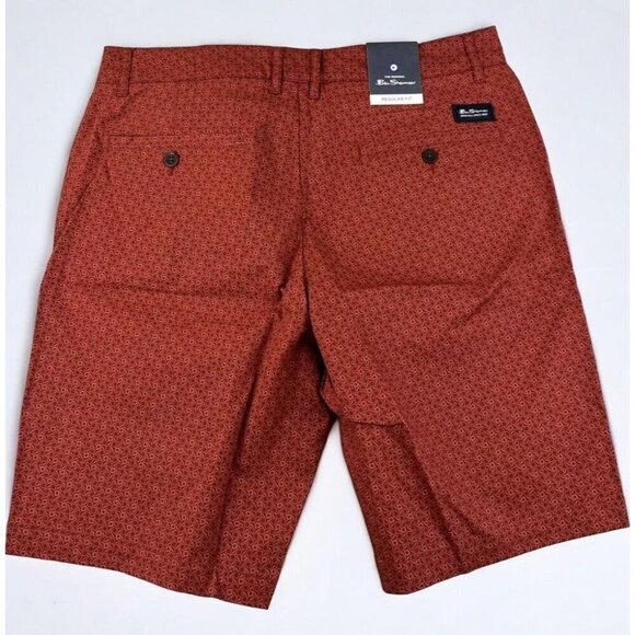 Ben Sherman Red Rust Casual Chino Shorts Regular  Fit Geometric Print NEW 32 - Picture 8 of 8